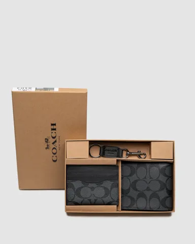 Coach Boxed 3 In 1 Wallet Gift Set In Signature Canvas Black Logo